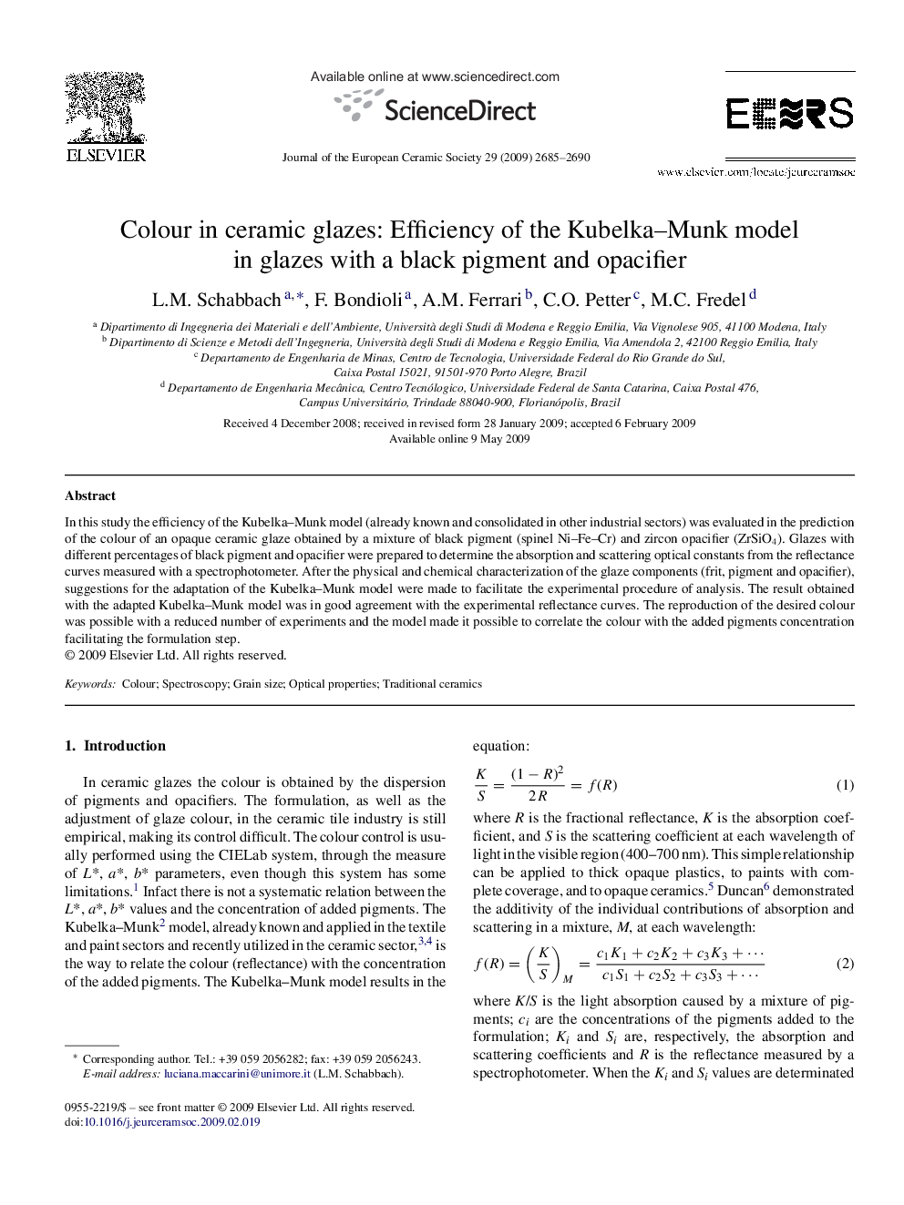 Colour in ceramic glazes: Efficiency of the Kubelka–Munk model in glazes with a black pigment and opacifier