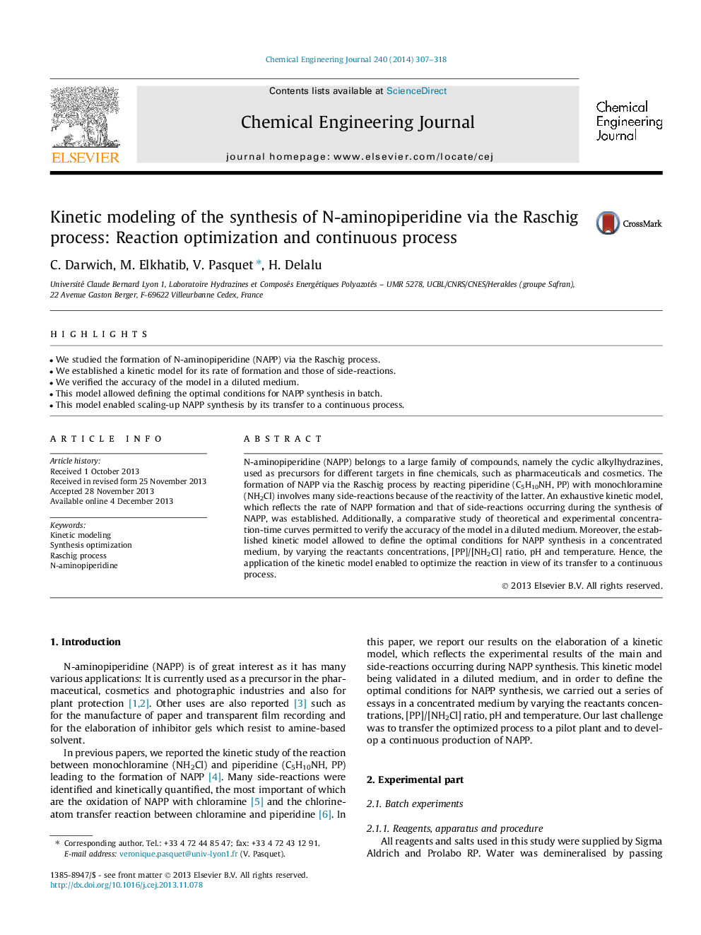 Kinetic modeling of the synthesis of N-aminopiperidine via the Raschig process: Reaction optimization and continuous process