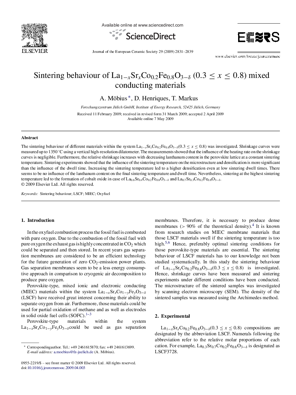 Sintering behaviour of La1âxSrxCo0.2Fe0.8O3âÎ´ (0.3â¤xâ¤0.8) mixed conducting materials