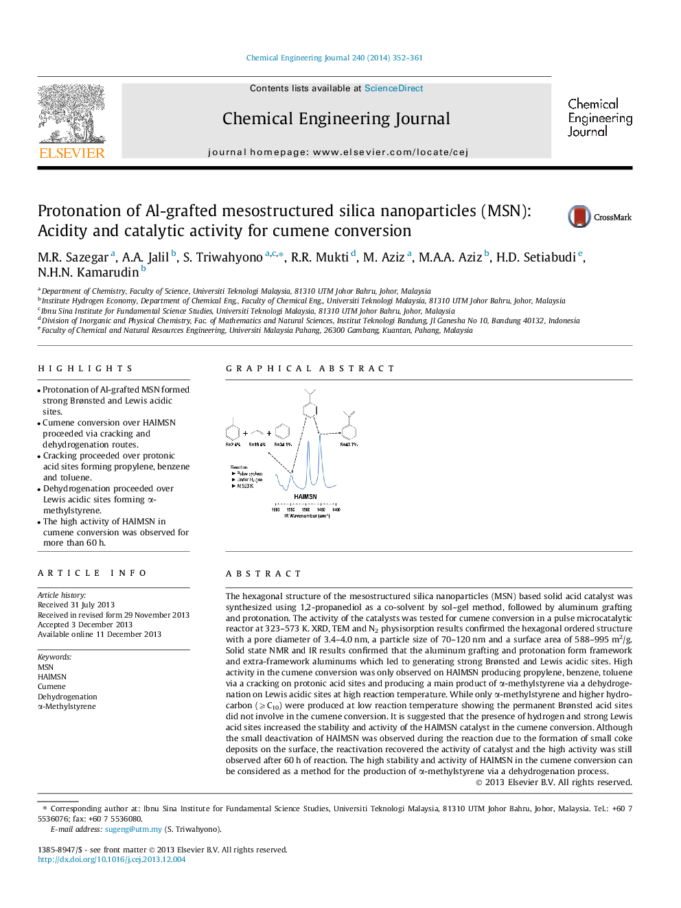 Protonation of Al-grafted mesostructured silica nanoparticles (MSN): Acidity and catalytic activity for cumene conversion