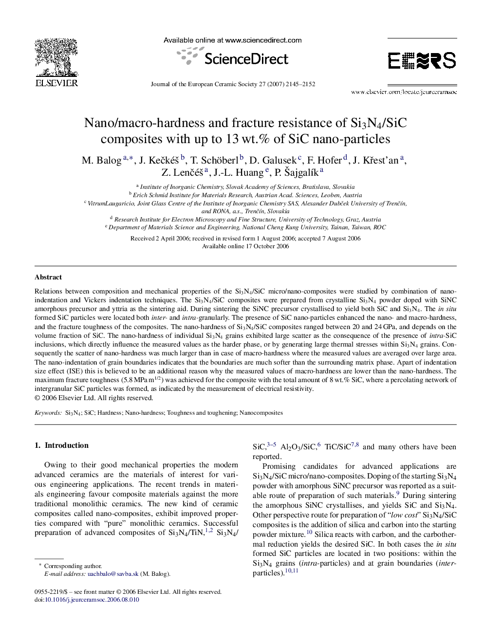 Nano/macro-hardness and fracture resistance of Si3N4/SiC composites with up to 13 wt.% of SiC nano-particles