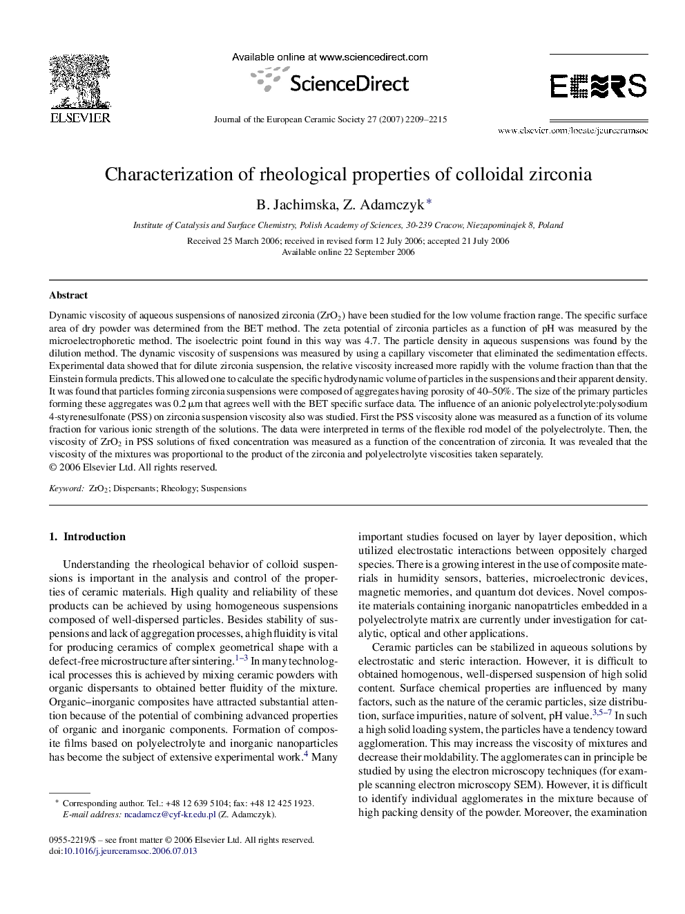 Characterization of rheological properties of colloidal zirconia