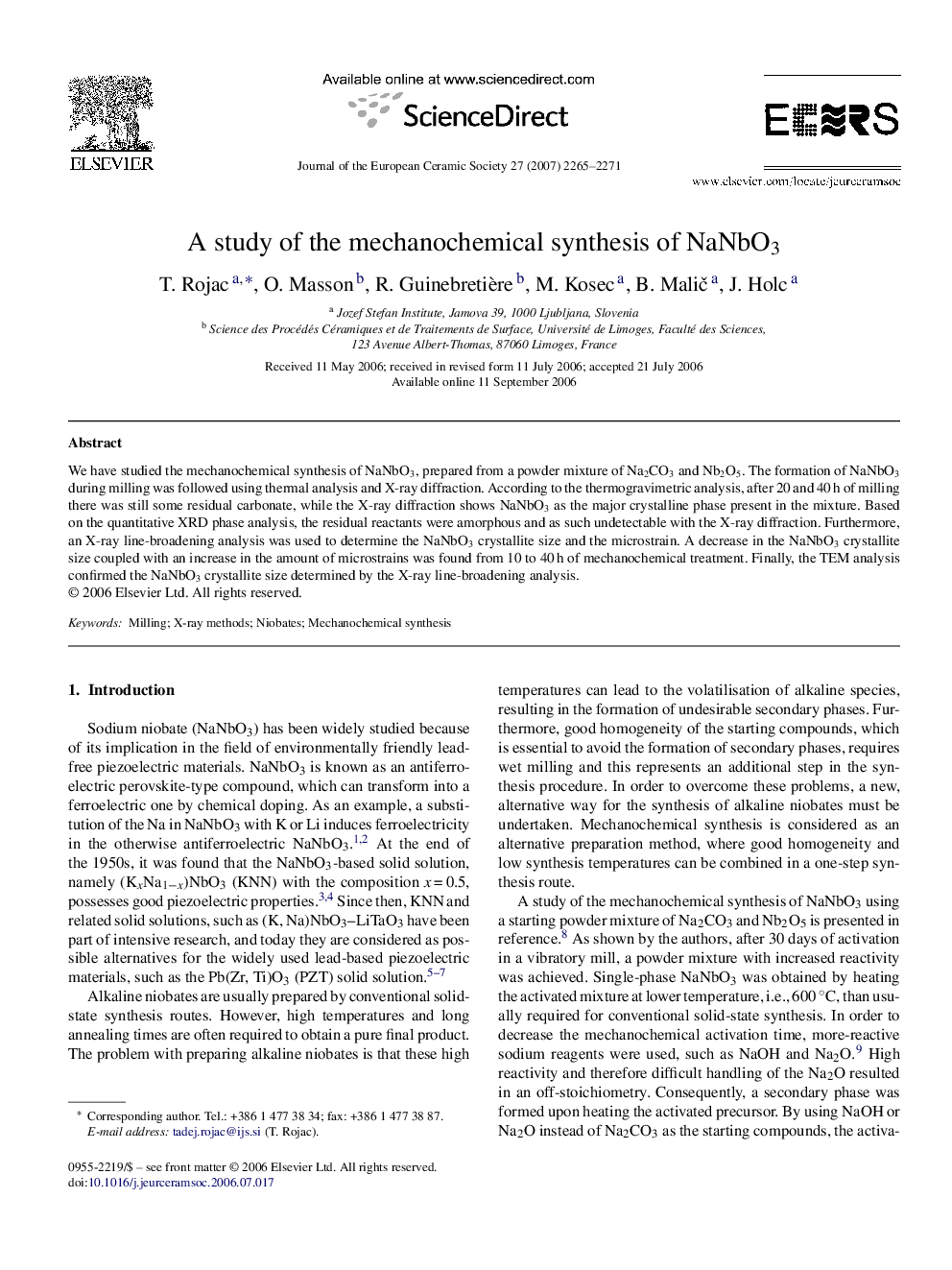 A study of the mechanochemical synthesis of NaNbO3