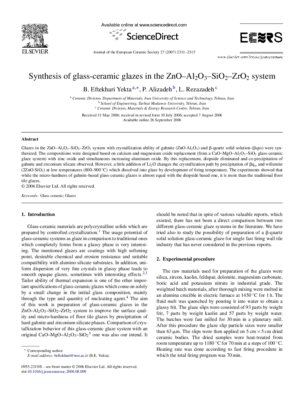 Synthesis of glass-ceramic glazes in the ZnO–Al2O3–SiO2–ZrO2 system