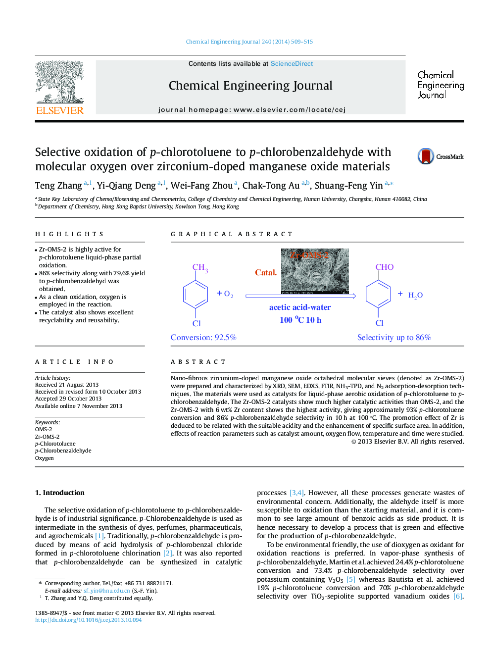 Selective oxidation of p-chlorotoluene to p-chlorobenzaldehyde with molecular oxygen over zirconium-doped manganese oxide materials