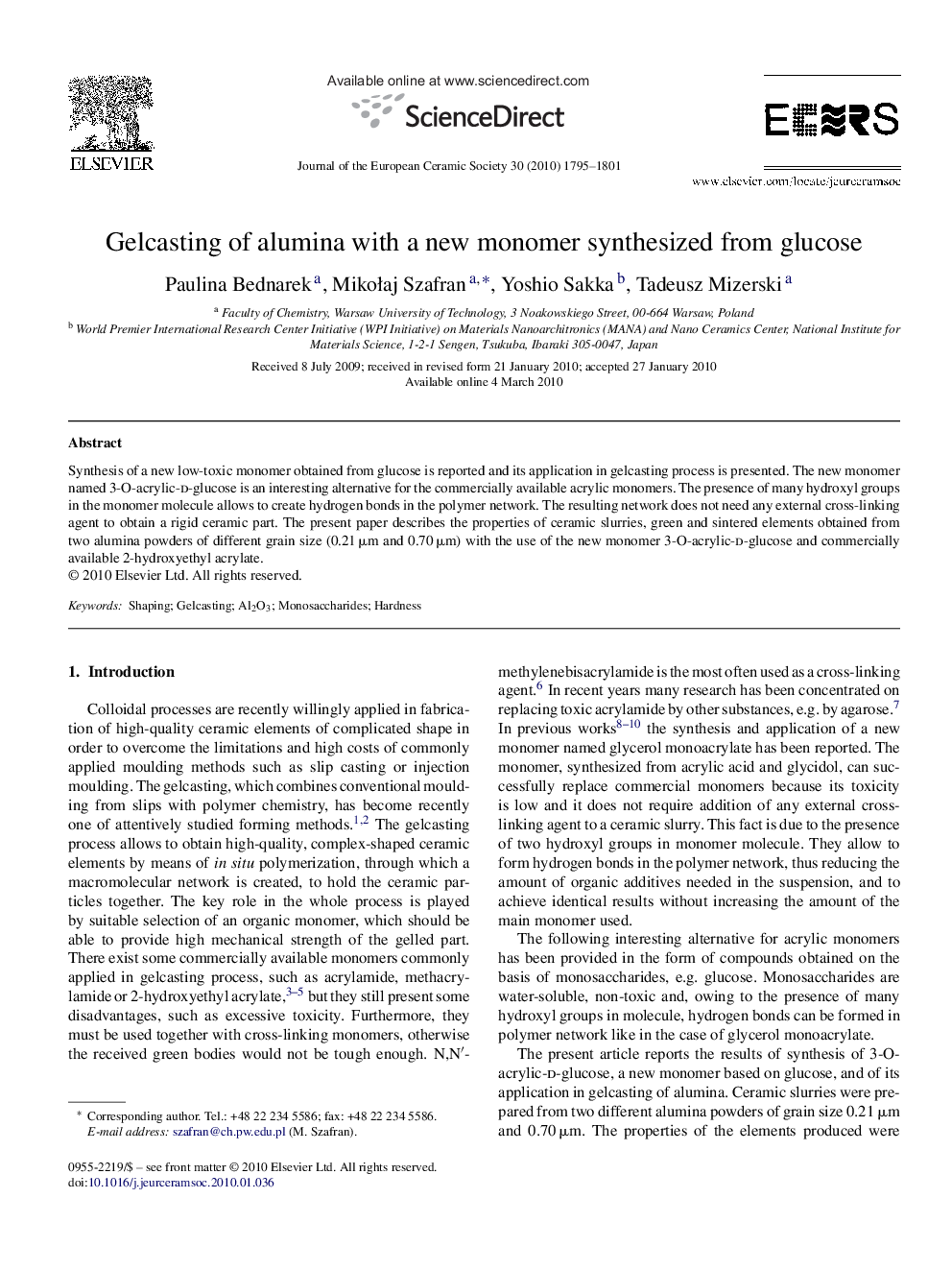 Gelcasting of alumina with a new monomer synthesized from glucose