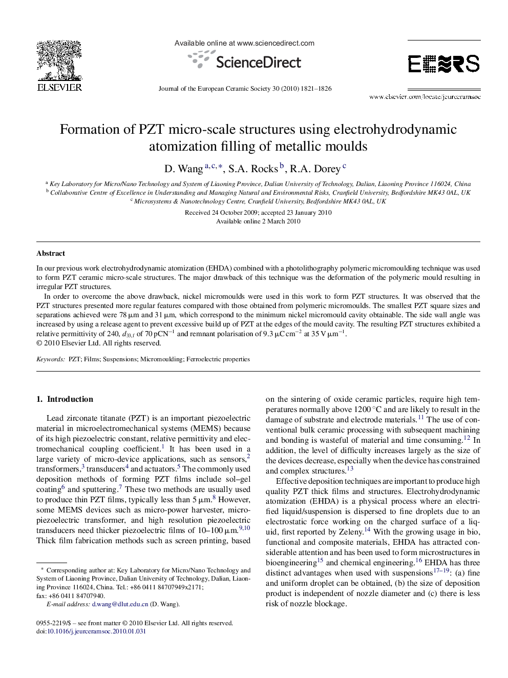 Formation of PZT micro-scale structures using electrohydrodynamic atomization filling of metallic moulds