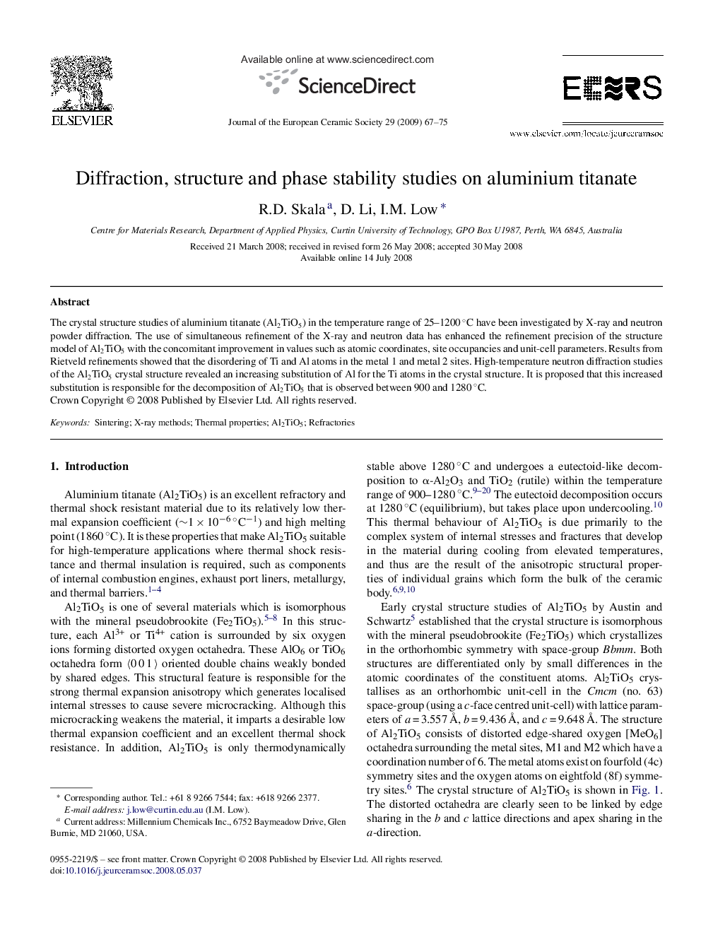 Diffraction, structure and phase stability studies on aluminium titanate