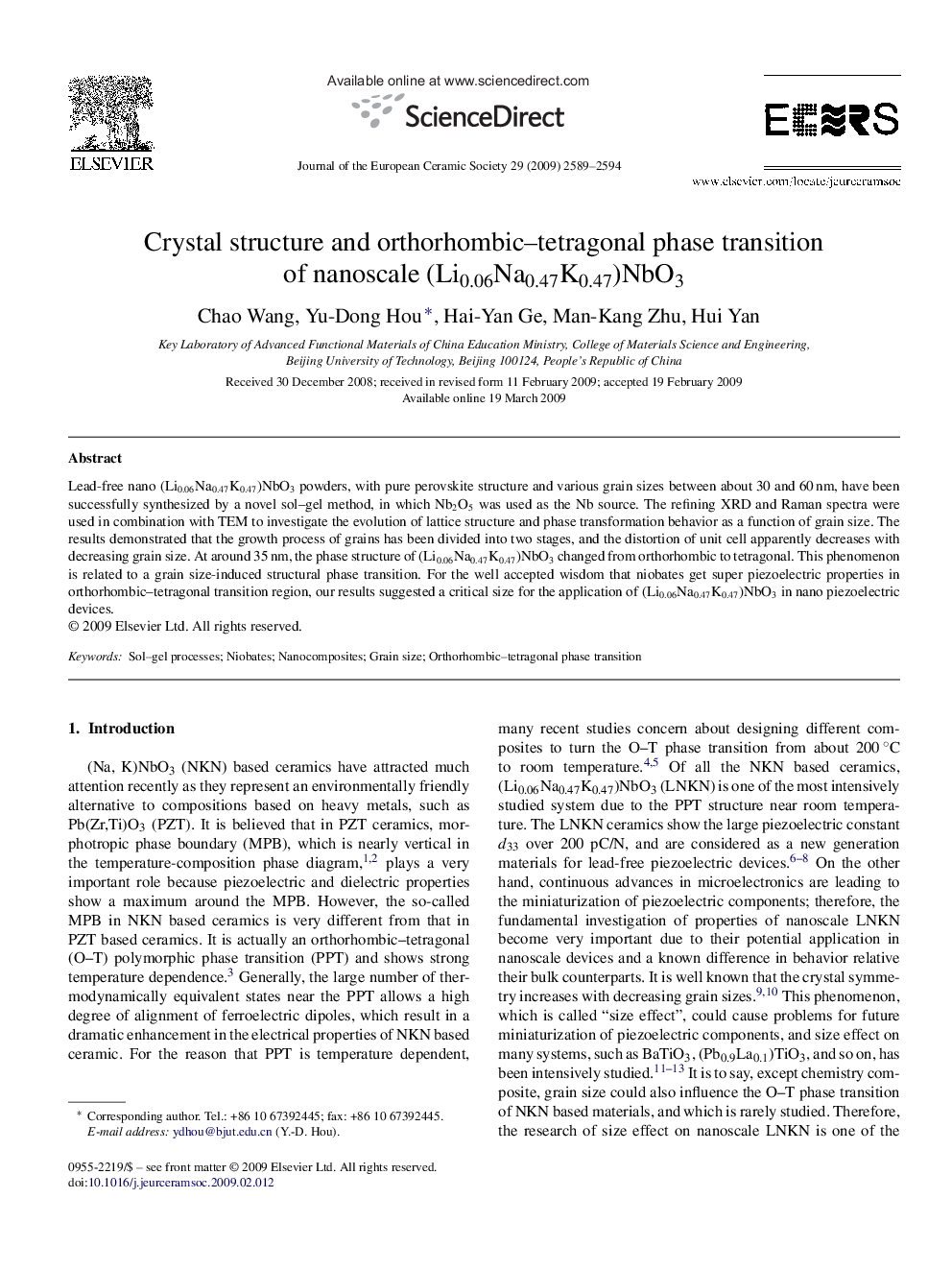 Crystal structure and orthorhombic–tetragonal phase transition of nanoscale (Li0.06Na0.47K0.47)NbO3