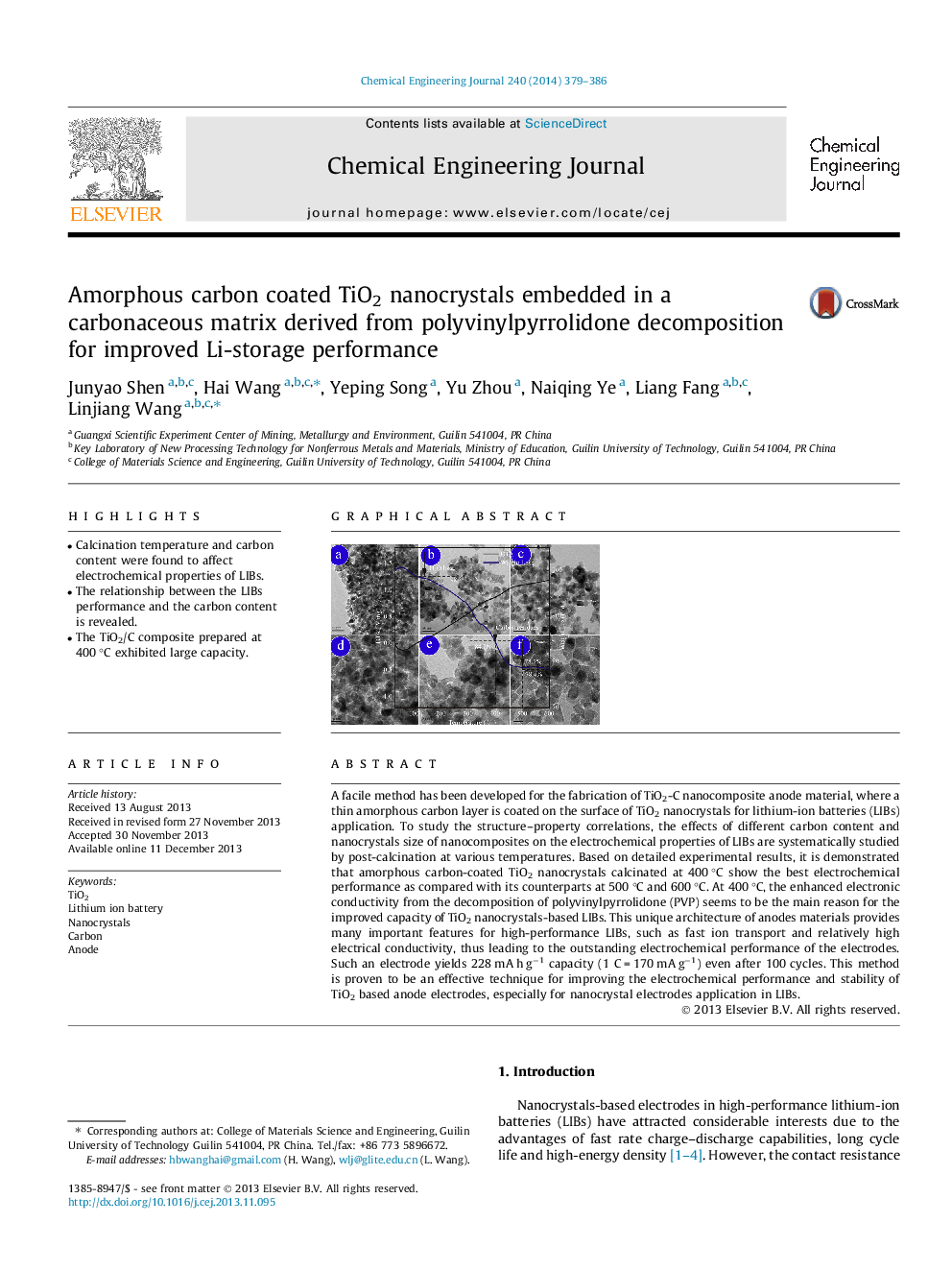 Amorphous carbon coated TiO2 nanocrystals embedded in a carbonaceous matrix derived from polyvinylpyrrolidone decomposition for improved Li-storage performance