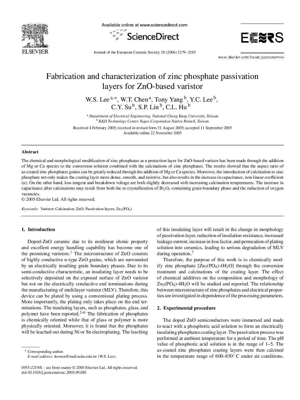 Fabrication and characterization of zinc phosphate passivation layers for ZnO-based varistor