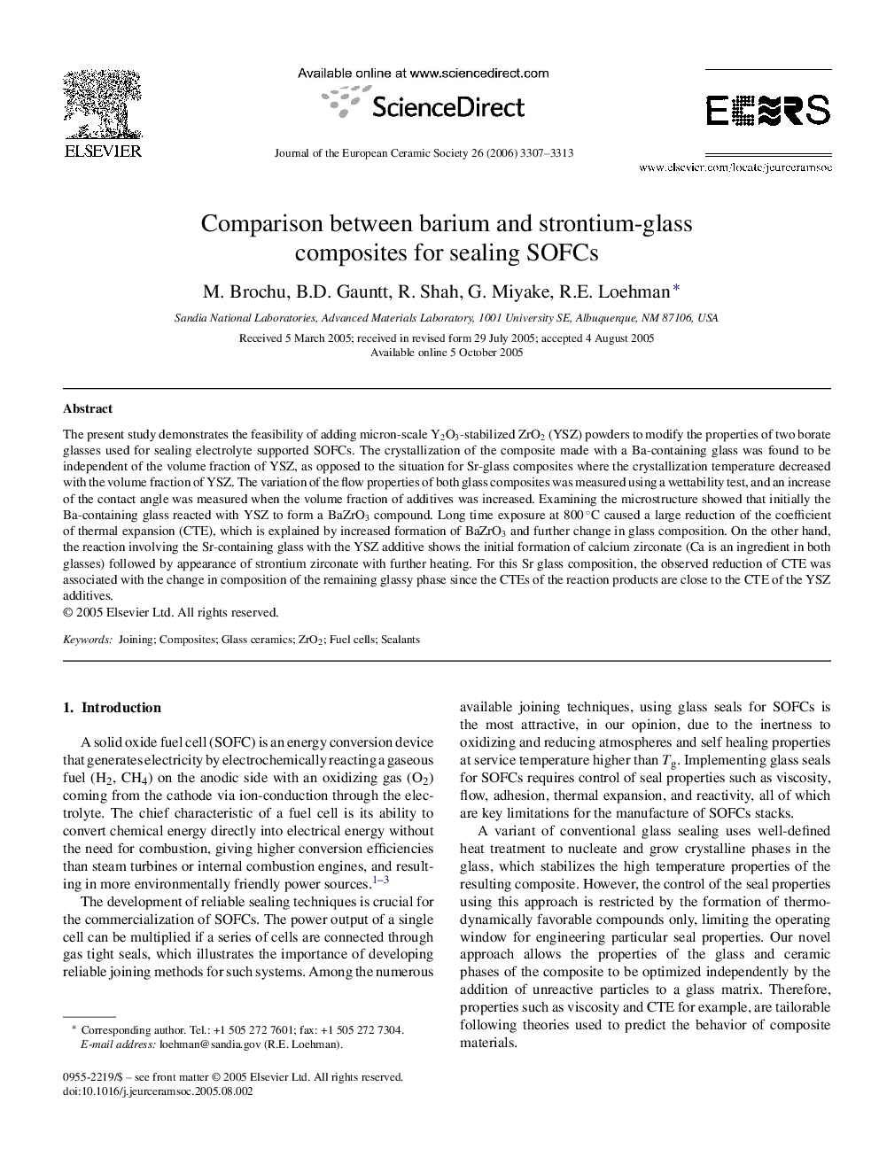عکس صفحه اول مقاله: Comparison between barium and strontium-glass composites for sealing SOFCs Comparison between barium and strontium-glass composites for sealing SOFCs