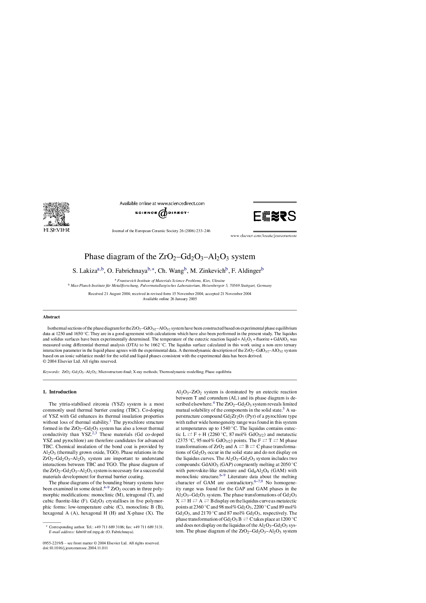 Phase diagram of the ZrO2–Gd2O3–Al2O3 system