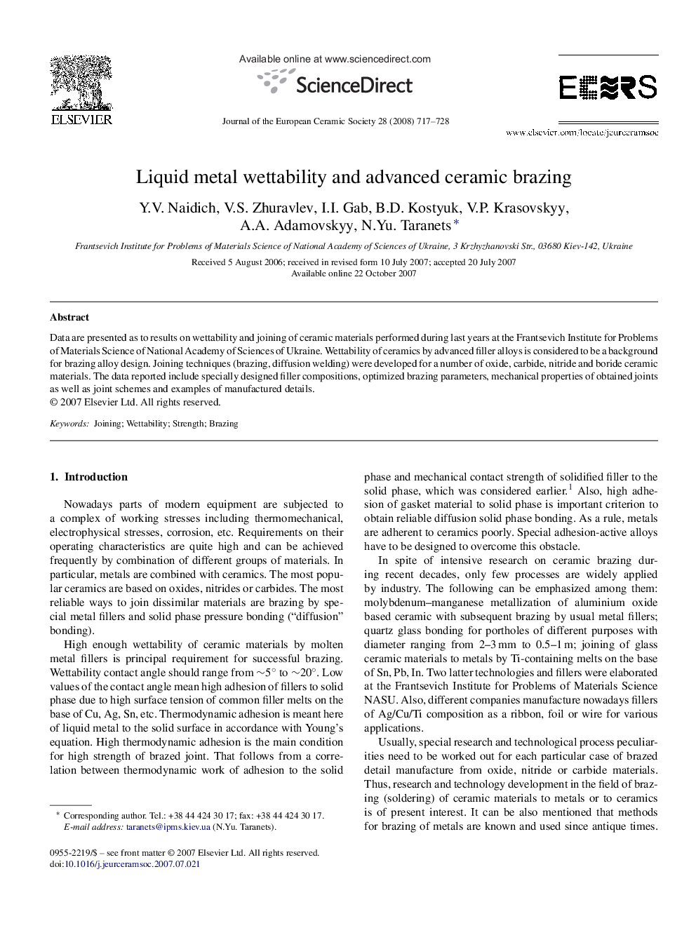 Liquid metal wettability and advanced ceramic brazing