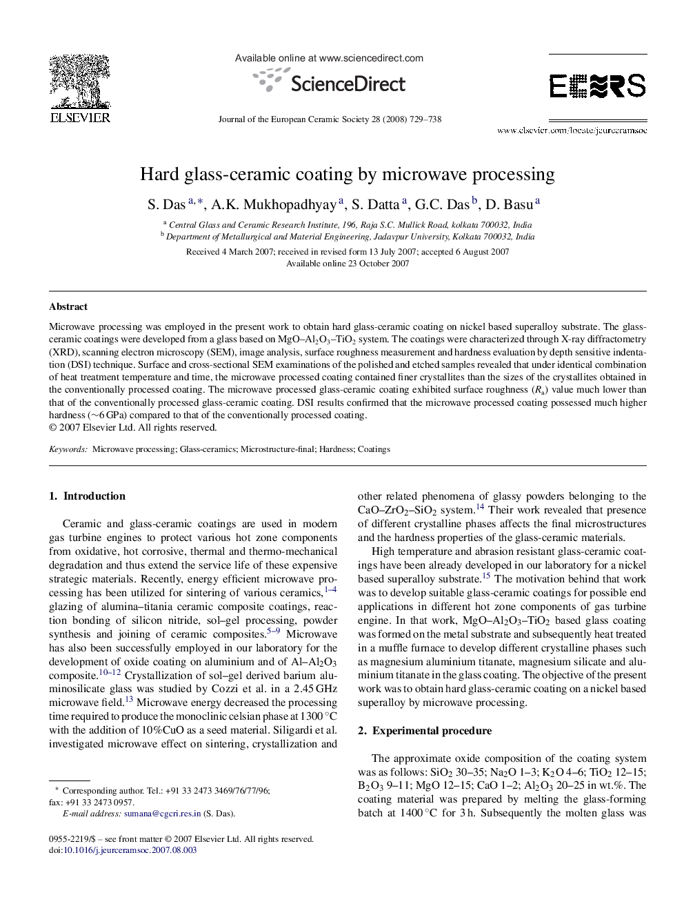 Hard glass-ceramic coating by microwave processing