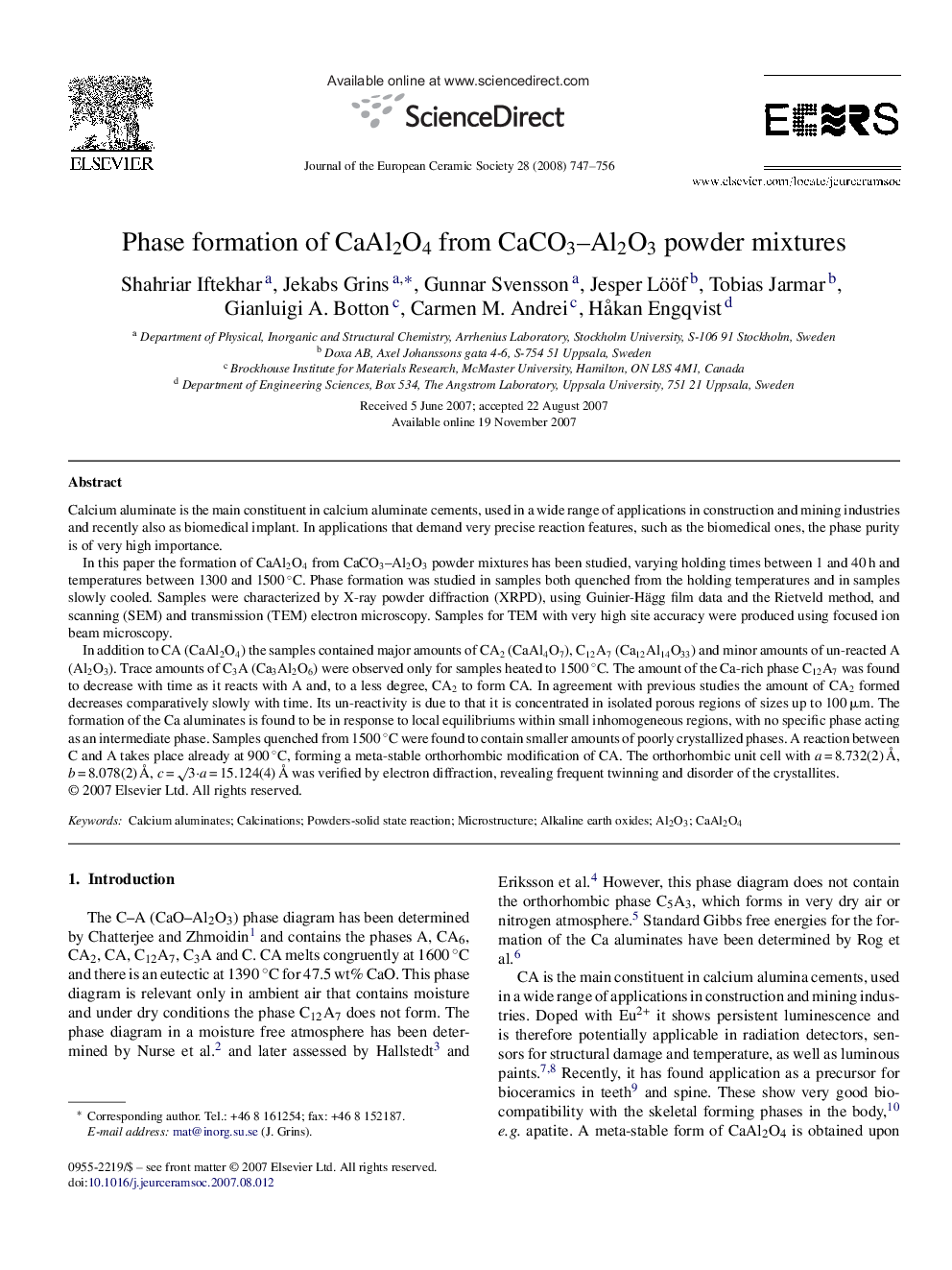 Phase formation of CaAl2O4 from CaCO3–Al2O3 powder mixtures