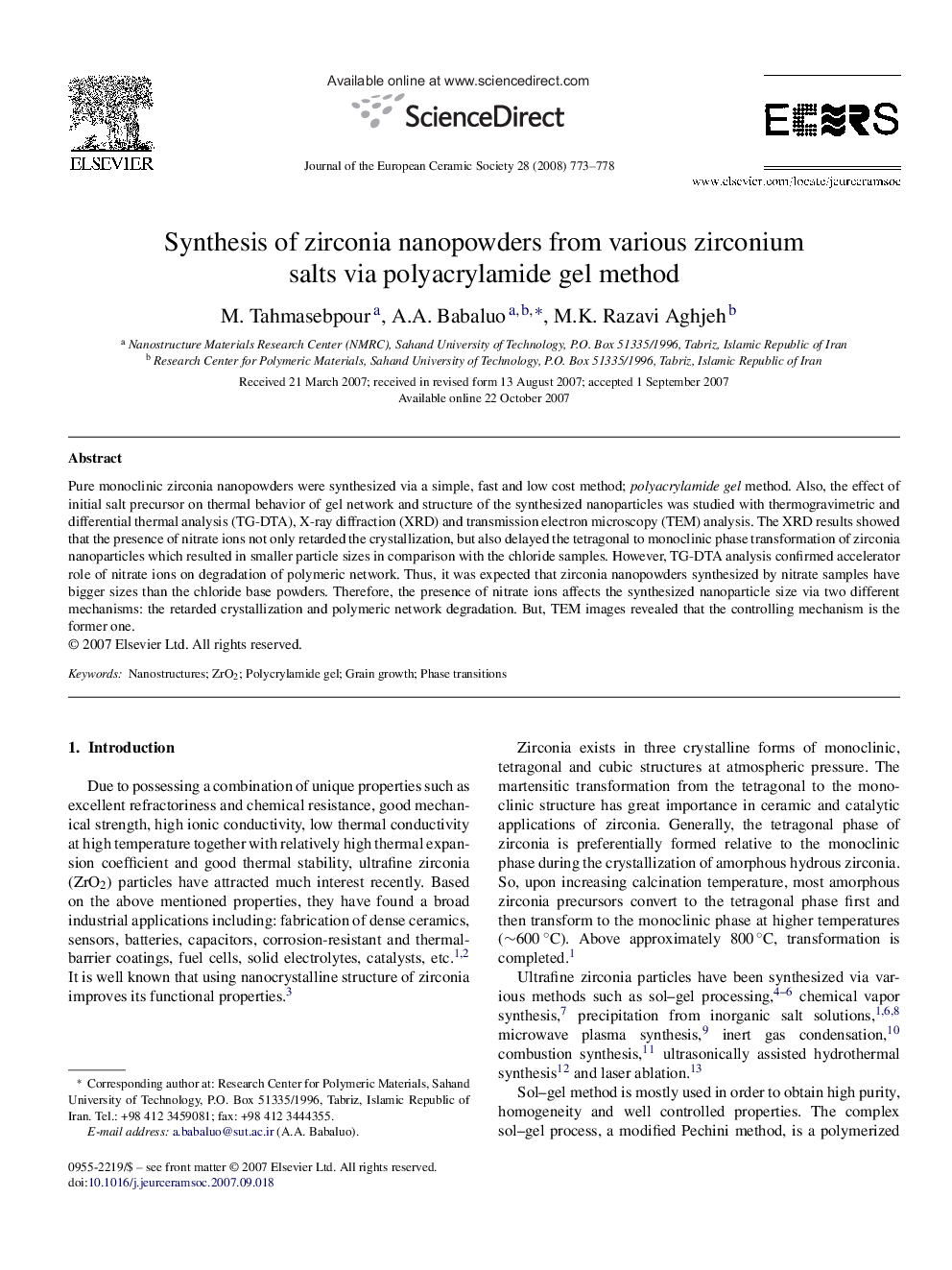 Synthesis of zirconia nanopowders from various zirconium salts via polyacrylamide gel method