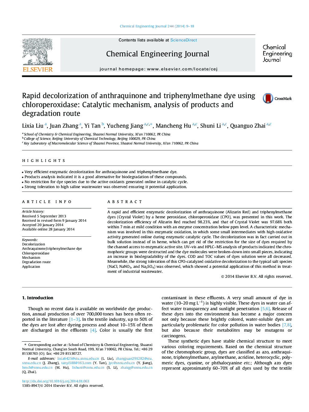 Rapid decolorization of anthraquinone and triphenylmethane dye using chloroperoxidase: Catalytic mechanism, analysis of products and degradation route