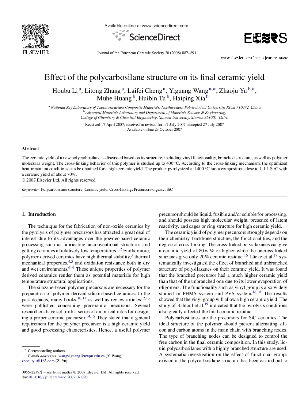 Effect of the polycarbosilane structure on its final ceramic yield