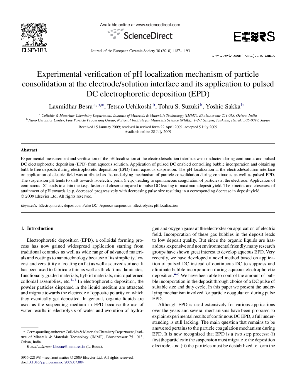 Experimental verification of pH localization mechanism of particle consolidation at the electrode/solution interface and its application to pulsed DC electrophoretic deposition (EPD)