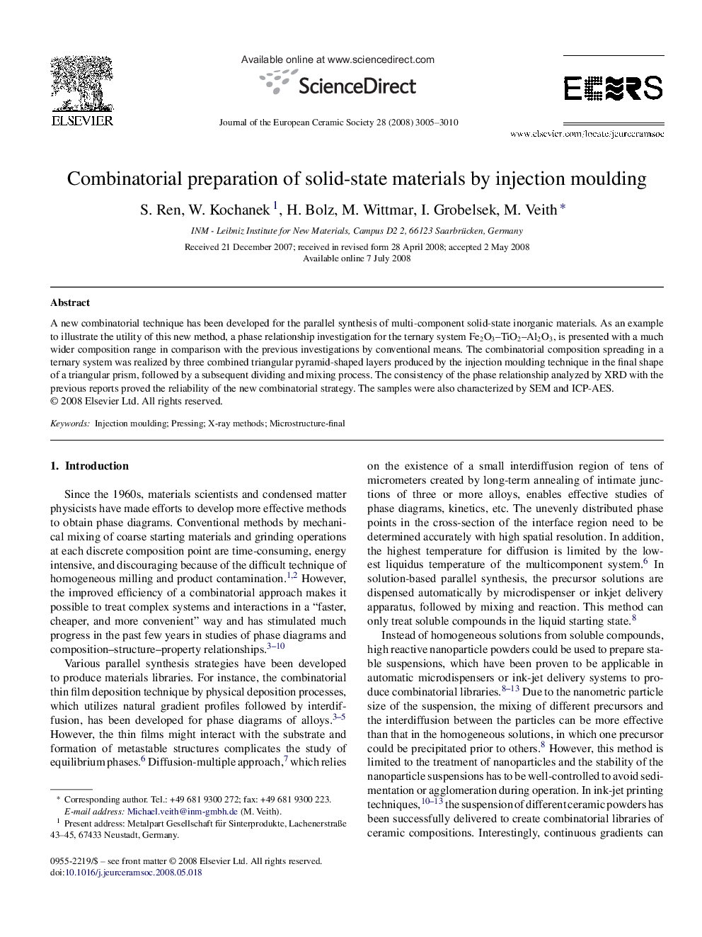 Combinatorial preparation of solid-state materials by injection moulding