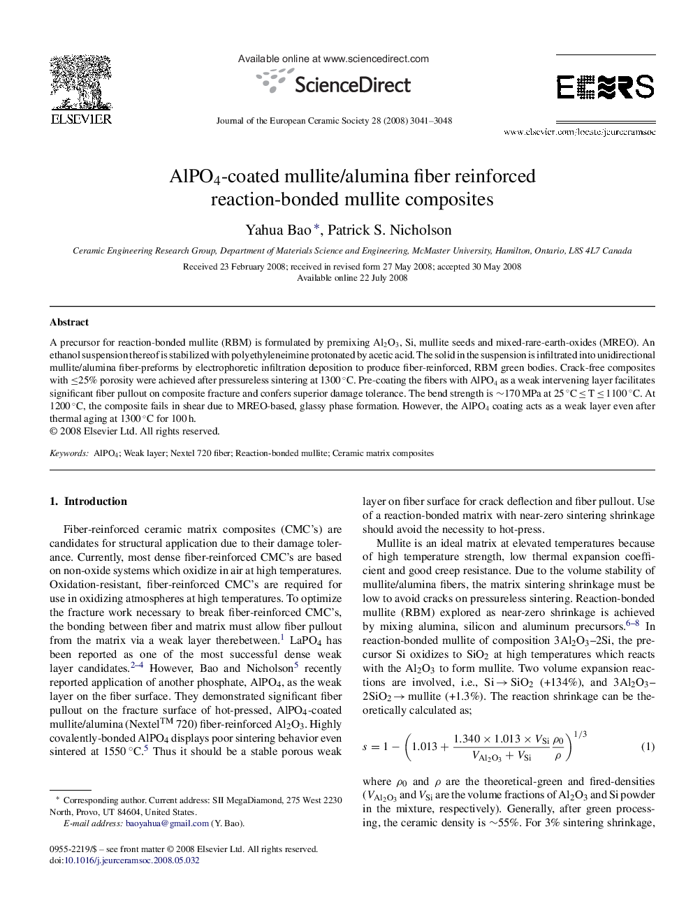 AlPO4-coated mullite/alumina fiber reinforced reaction-bonded mullite composites