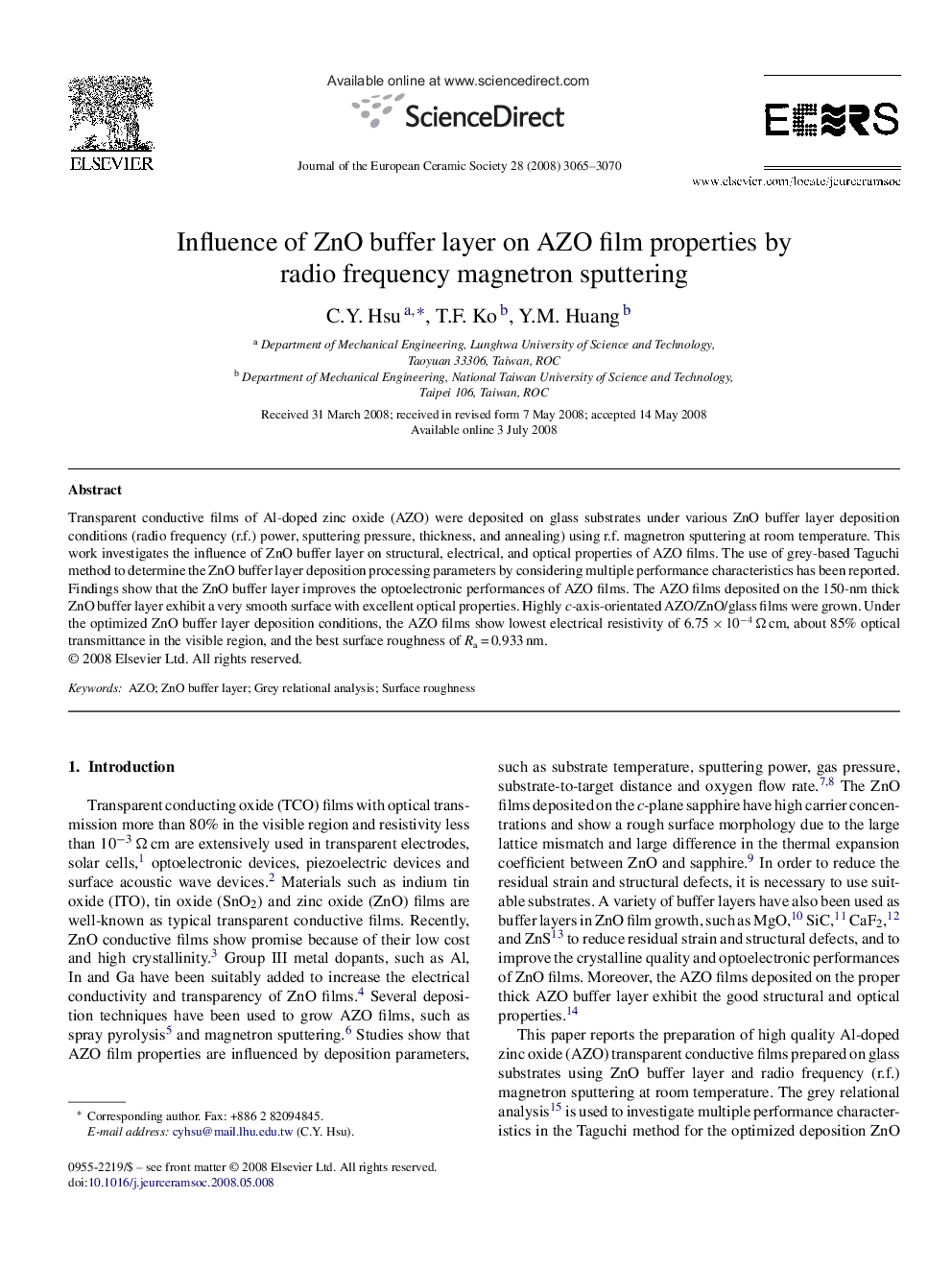 Influence of ZnO buffer layer on AZO film properties by radio frequency magnetron sputtering