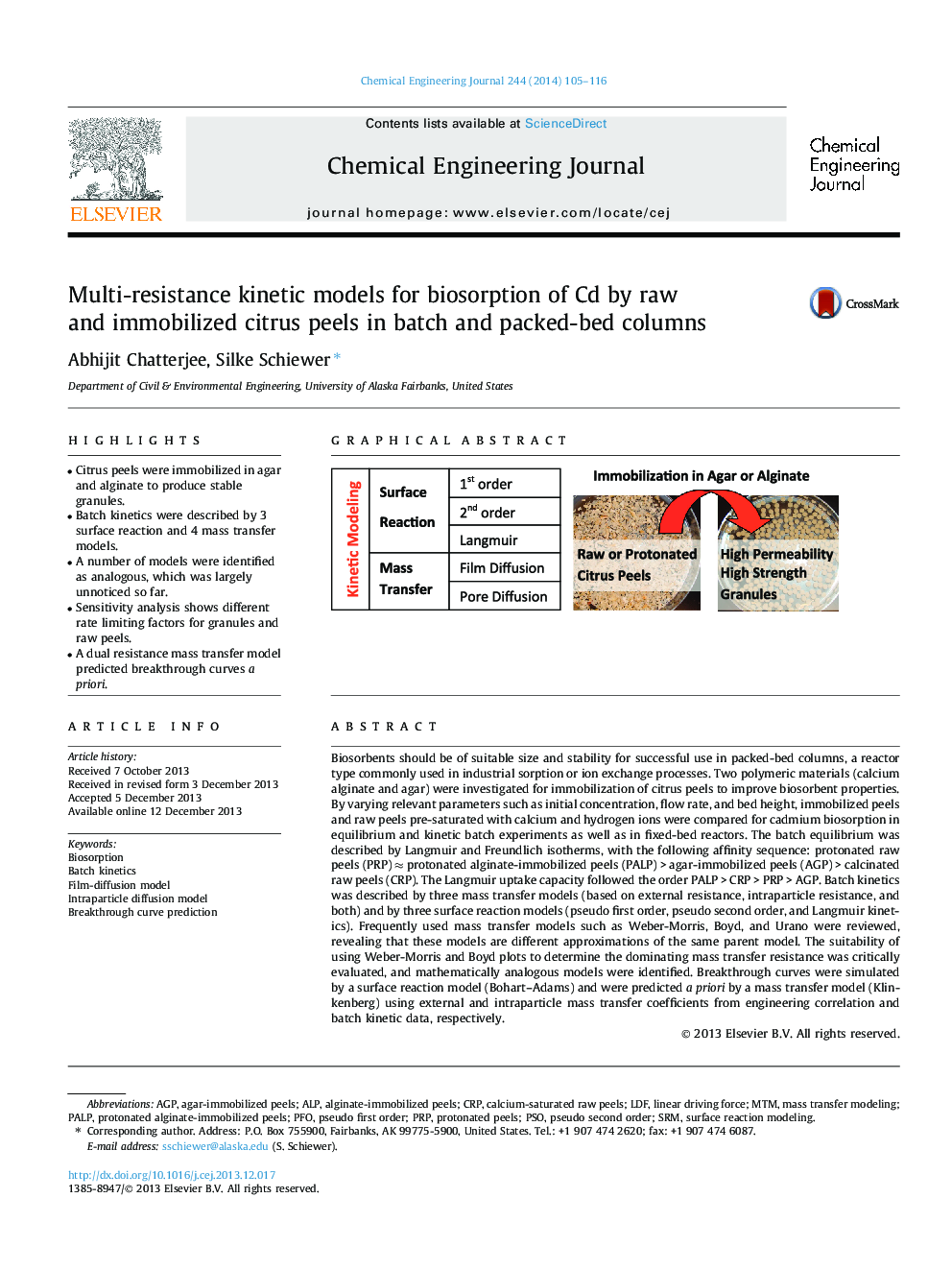 Multi-resistance kinetic models for biosorption of Cd by raw and immobilized citrus peels in batch and packed-bed columns