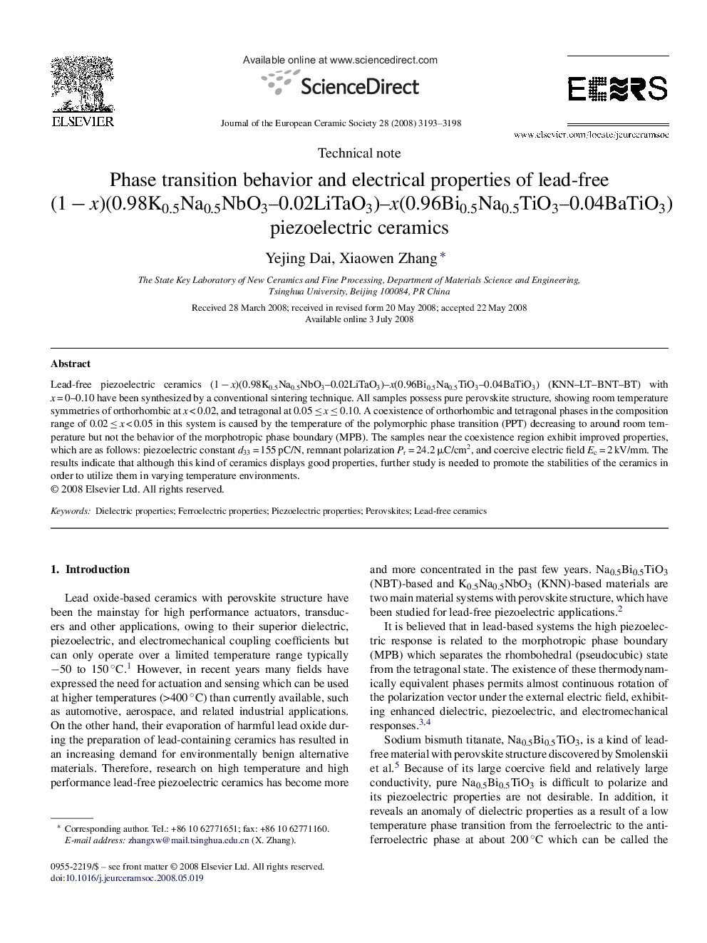 Phase transition behavior and electrical properties of lead-free (1 − x)(0.98K0.5Na0.5NbO3–0.02LiTaO3)–x(0.96Bi0.5Na0.5TiO3–0.04BaTiO3) piezoelectric ceramics