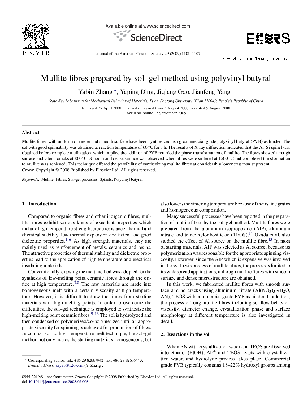 Mullite fibres prepared by sol–gel method using polyvinyl butyral