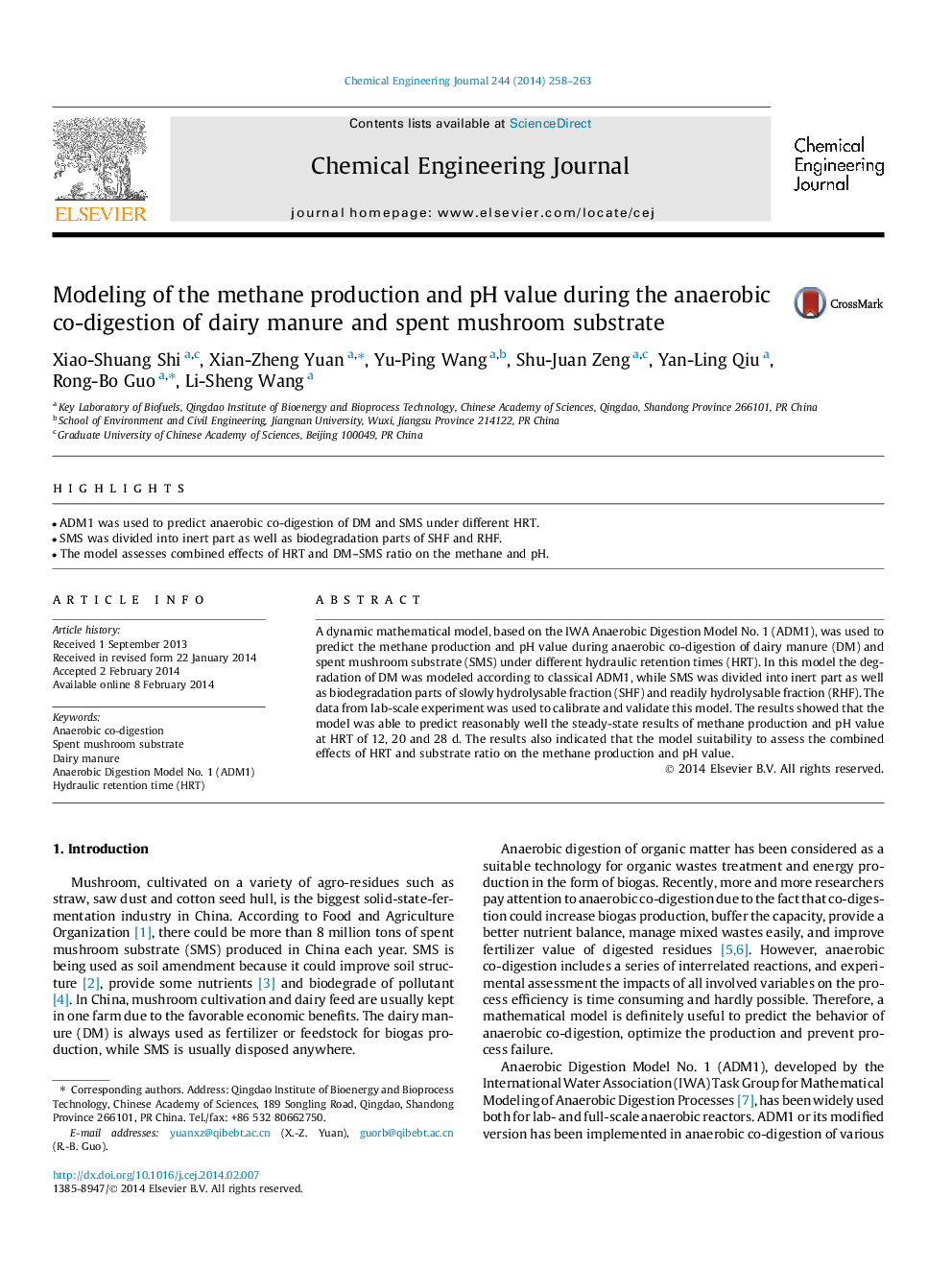 Modeling of the methane production and pH value during the anaerobic co-digestion of dairy manure and spent mushroom substrate