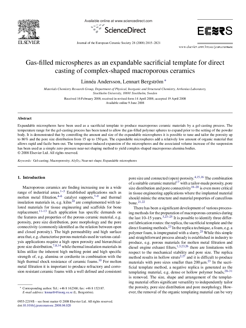 Gas-filled microspheres as an expandable sacrificial template for direct casting of complex-shaped macroporous ceramics