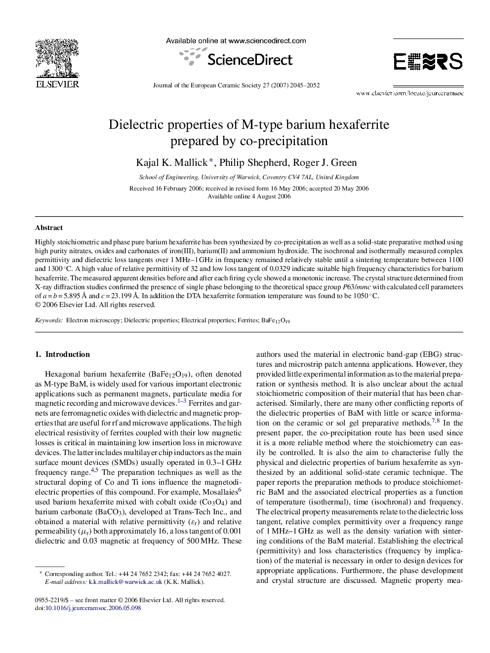 Dielectric properties of M-type barium hexaferrite prepared by co-precipitation