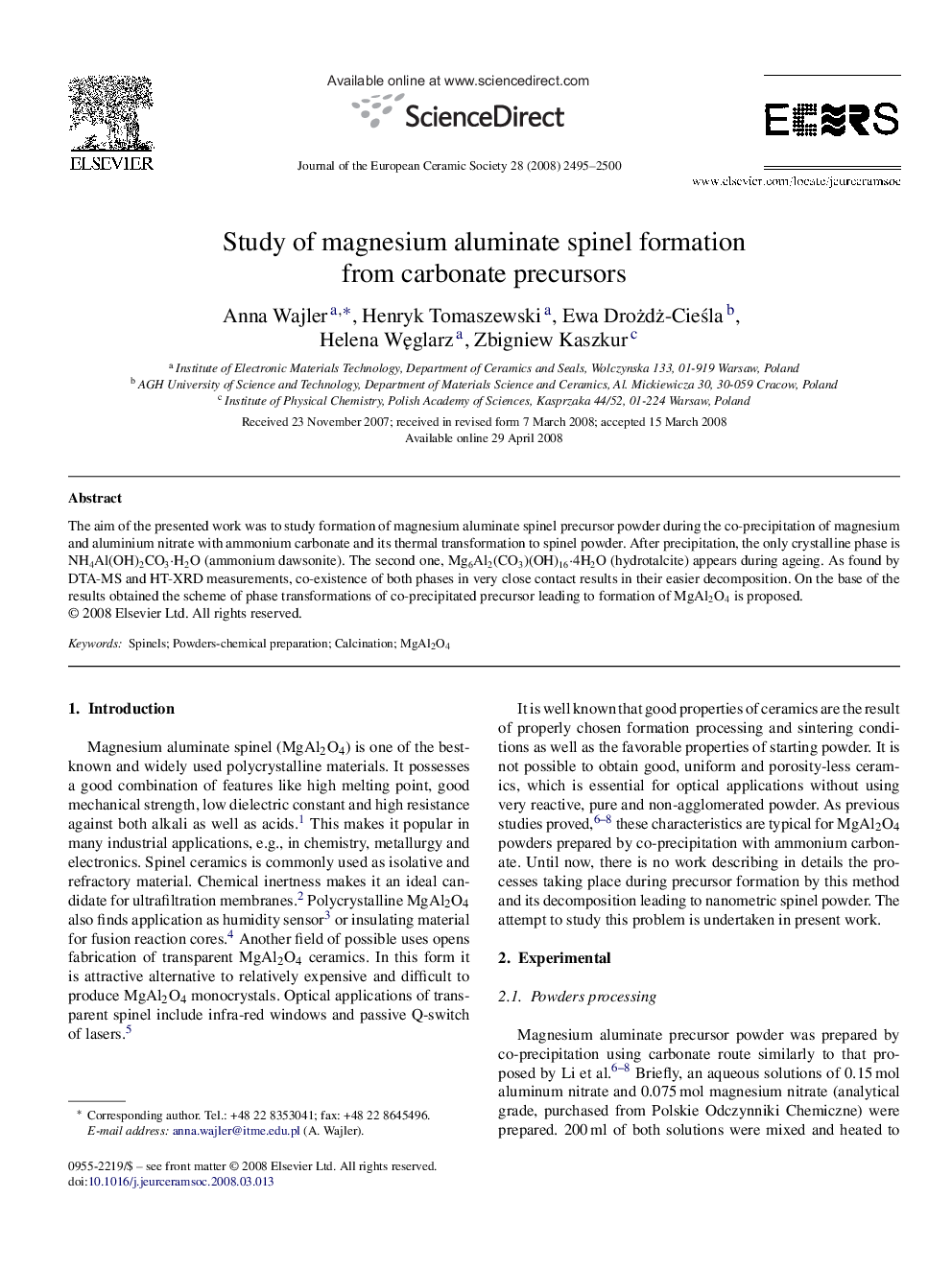 Study of magnesium aluminate spinel formation from carbonate precursors