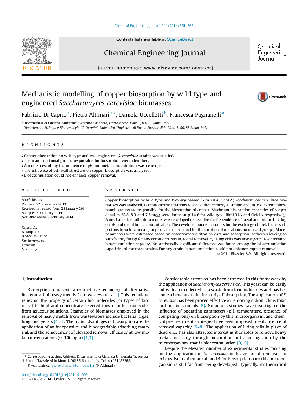 Mechanistic modelling of copper biosorption by wild type and engineered Saccharomyces cerevisiae biomasses