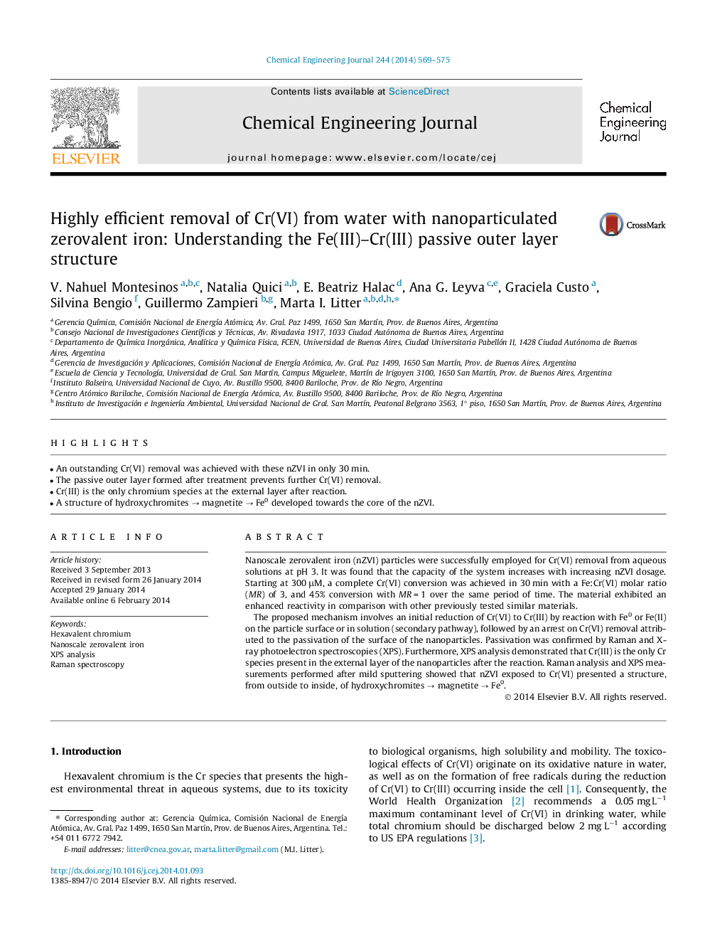 Highly efficient removal of Cr(VI) from water with nanoparticulated zerovalent iron: Understanding the Fe(III)–Cr(III) passive outer layer structure