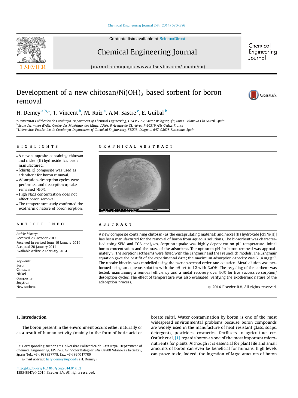 Development of a new chitosan/Ni(OH)2-based sorbent for boron removal