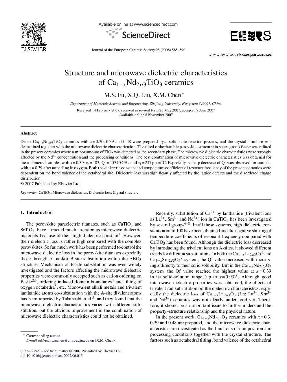 Structure and microwave dielectric characteristics of Ca1−xNd2x/3TiO3 ceramics