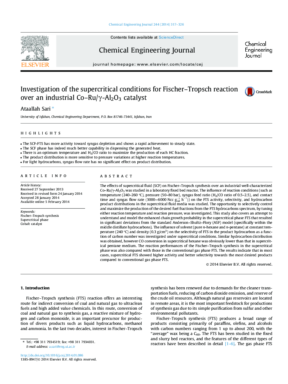 Investigation of the supercritical conditions for Fischer–Tropsch reaction over an industrial Co–Ru/γ-Al2O3 catalyst