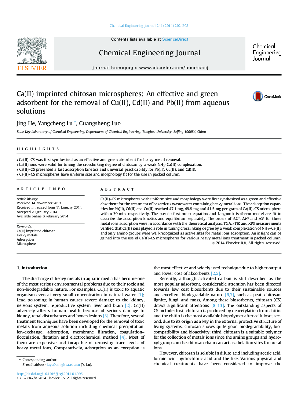 Ca(II) imprinted chitosan microspheres: An effective and green adsorbent for the removal of Cu(II), Cd(II) and Pb(II) from aqueous solutions