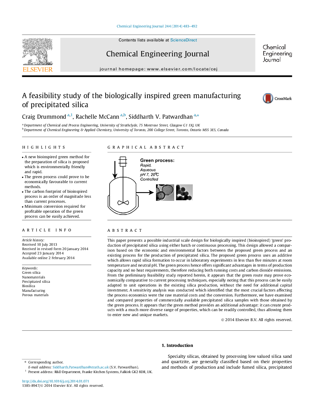 A feasibility study of the biologically inspired green manufacturing of precipitated silica