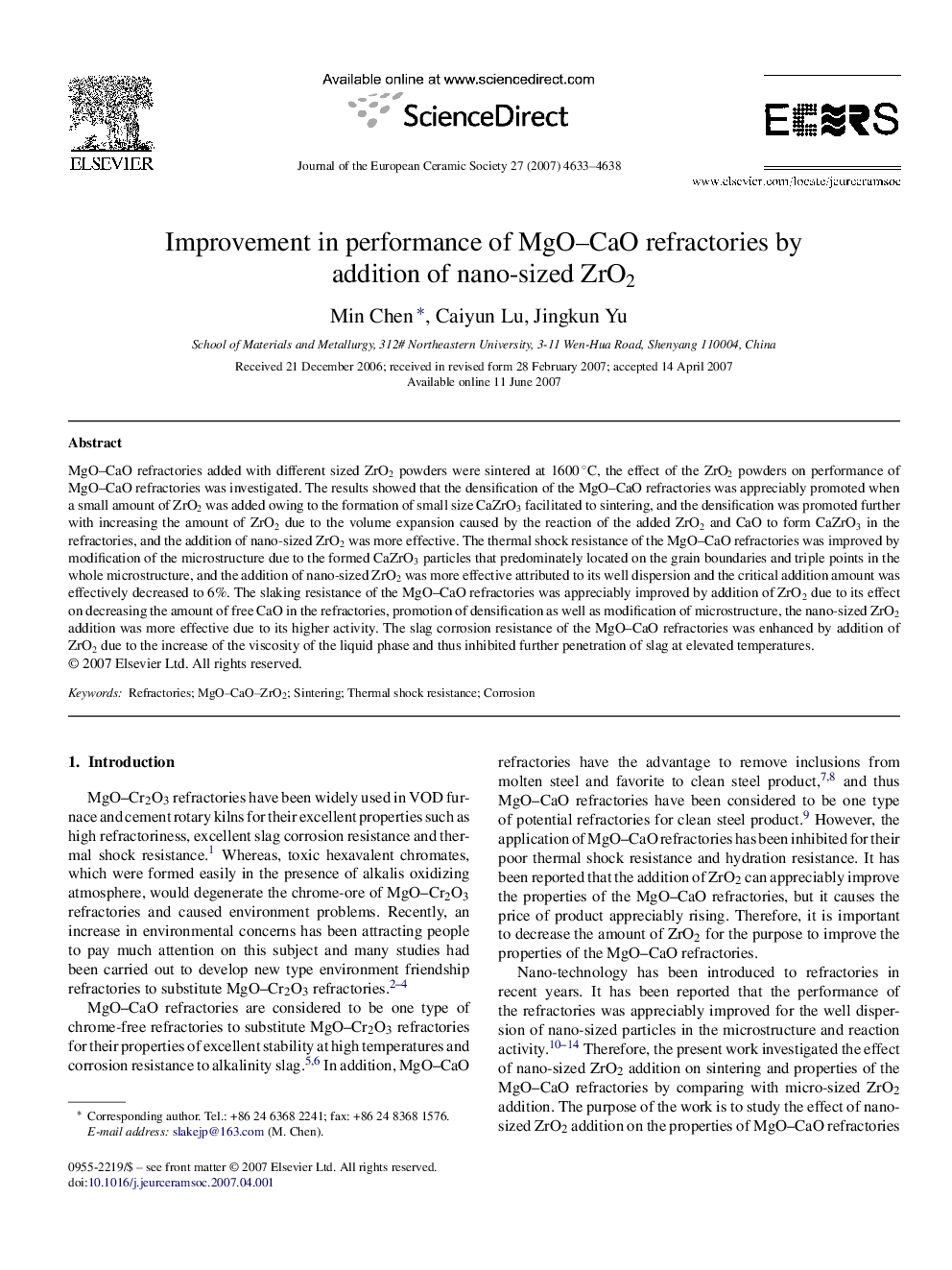 Improvement in performance of MgO–CaO refractories by addition of nano-sized ZrO2