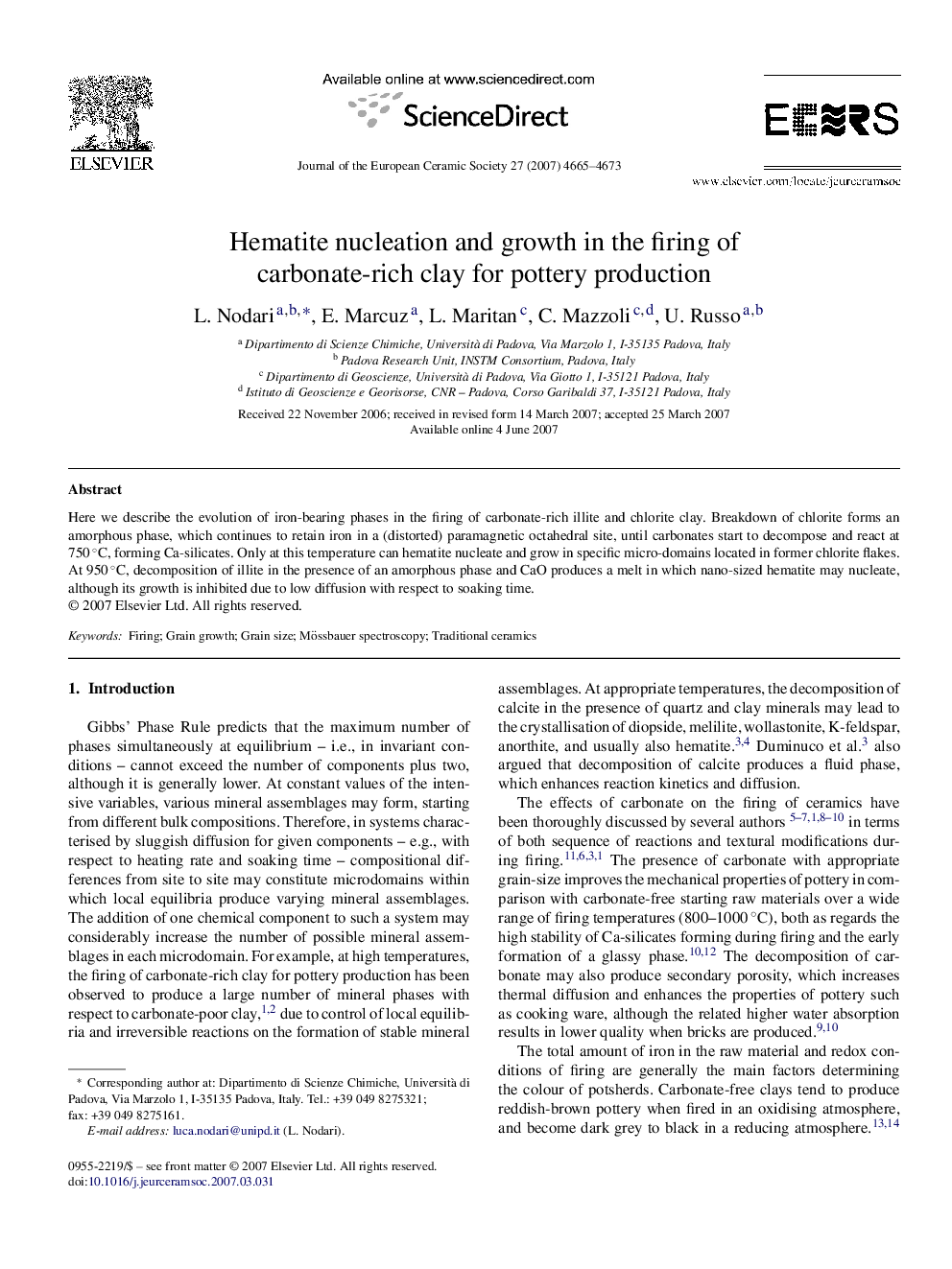 Hematite nucleation and growth in the firing of carbonate-rich clay for pottery production