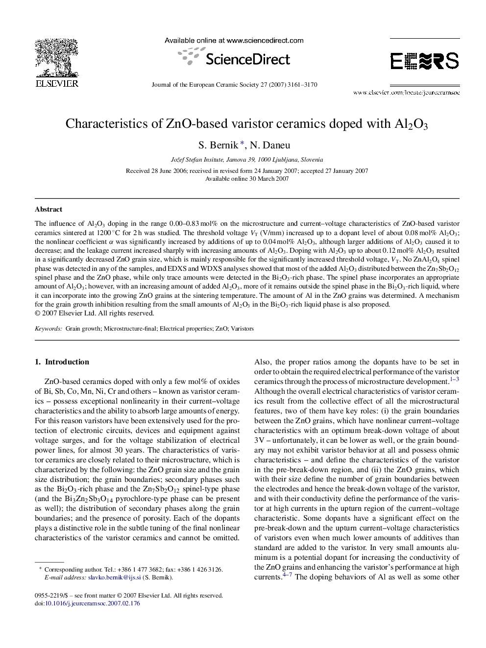 Characteristics of ZnO-based varistor ceramics doped with Al2O3