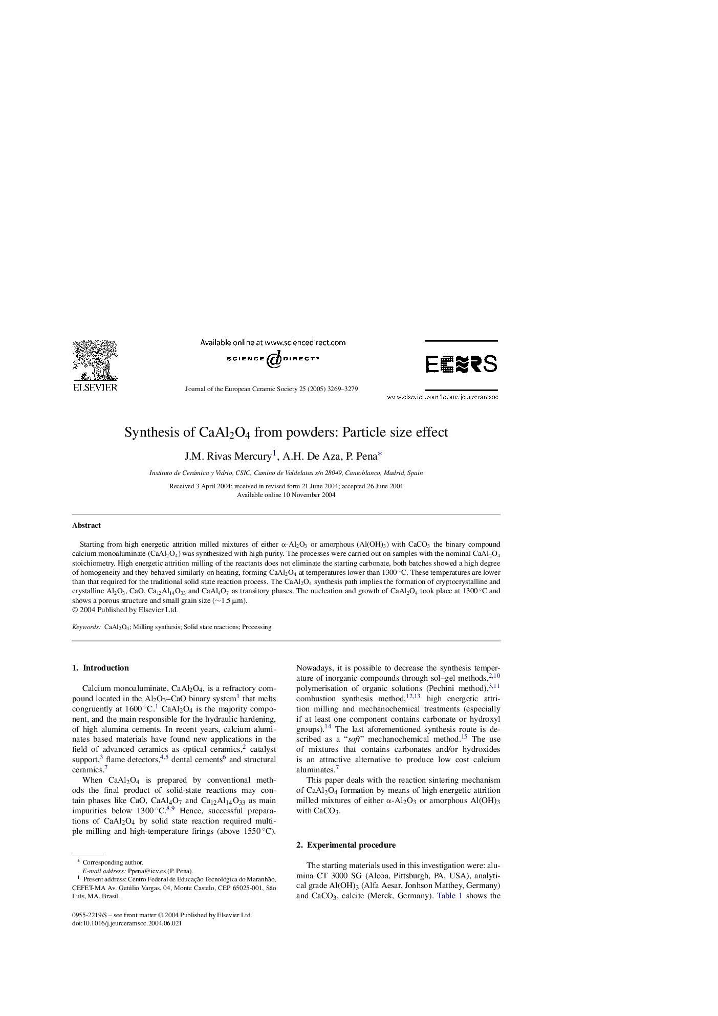 Synthesis of CaAl2O4 from powders: Particle size effect