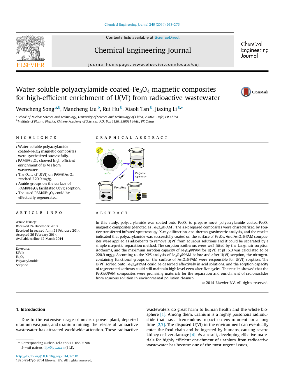 Water-soluble polyacrylamide coated-Fe3O4 magnetic composites for high-efficient enrichment of U(VI) from radioactive wastewater