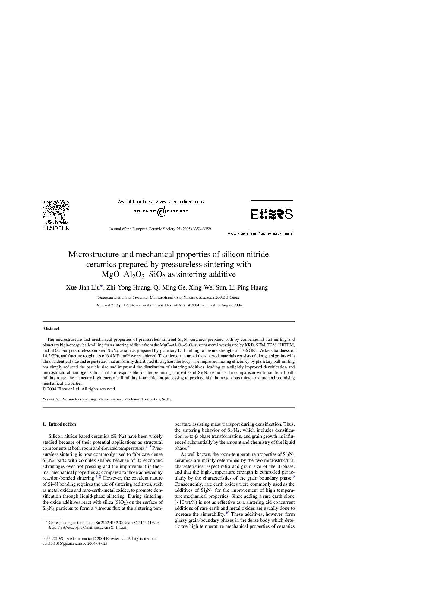 Microstructure and mechanical properties of silicon nitride ceramics prepared by pressureless sintering with MgO-Al2O3-SiO2 as sintering additive