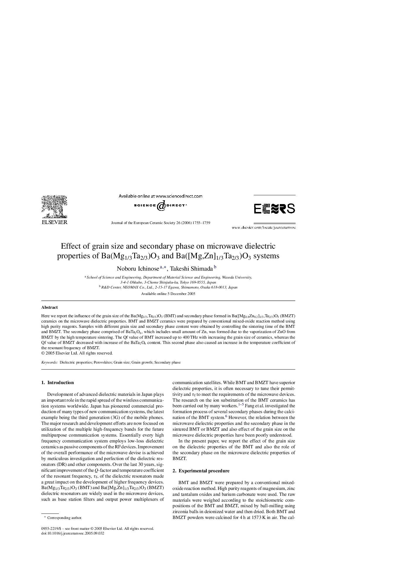 Effect of grain size and secondary phase on microwave dielectric properties of Ba(Mg1/3Ta2/3)O3 and Ba([Mg,Zn]1/3Ta2/3)O3 systems