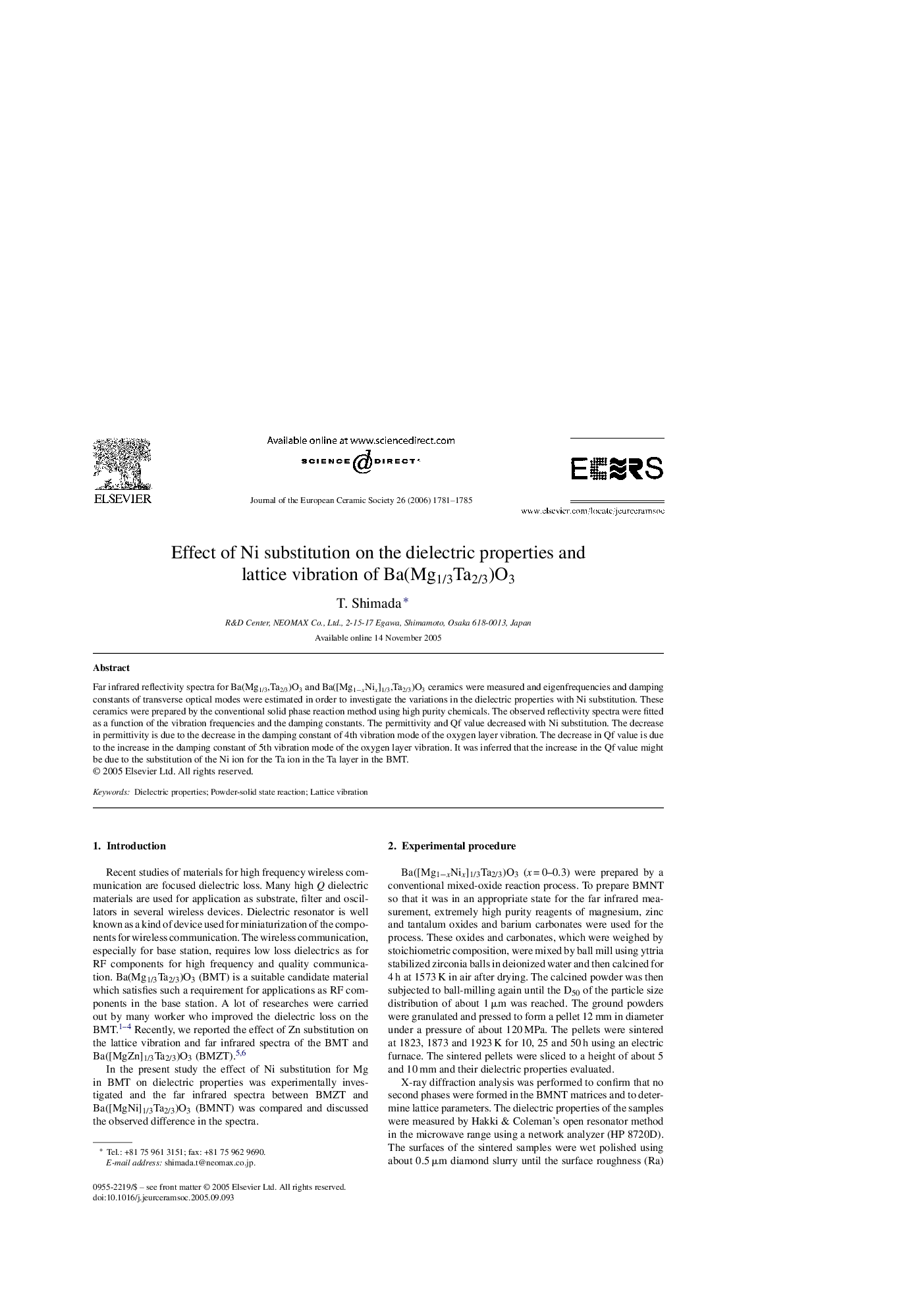 Effect of Ni substitution on the dielectric properties and lattice vibration of Ba(Mg1/3Ta2/3)O3