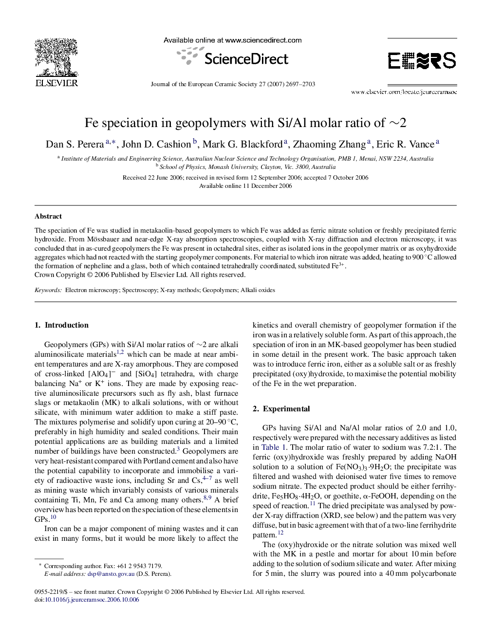 Fe speciation in geopolymers with Si/Al molar ratio of ∼2